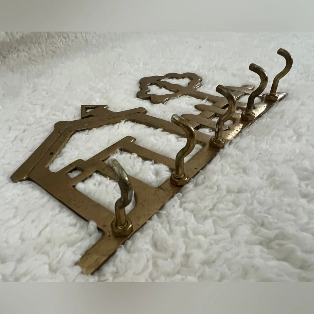 Vintage Solid Brass 5- Hook Key Holder House and Tree Wall Mount